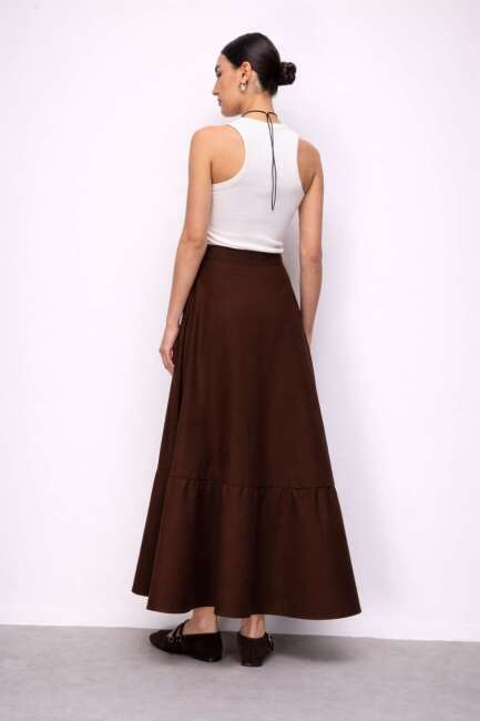 Mizalle Pamuklu Evaze Volanlı Maksi Kahverengi Etek - Mizalle (1)