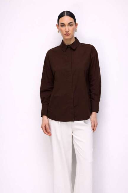 Mizalle Pamuklu Kahverengi Oversize Gömlek - Mizalle (1)