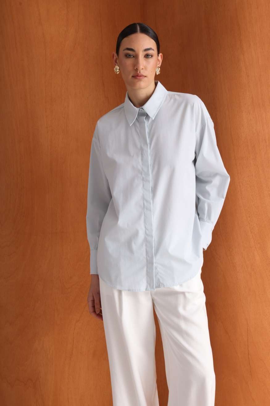 Mizalle Pamuklu Mavi Oversize Gömlek
