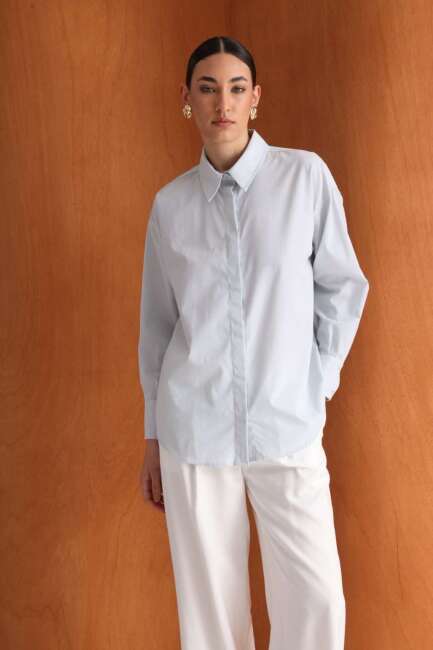 Mizalle Pamuklu Mavi Oversize Gömlek - Mizalle