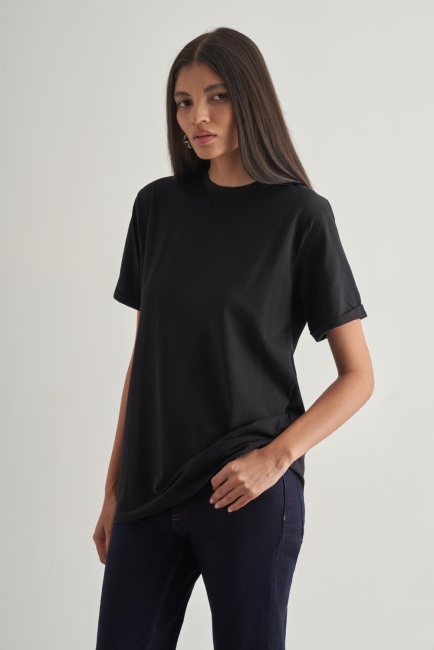 Mizalle Pamuklu Siyah Oversize Basic Tişört - Mizalle
