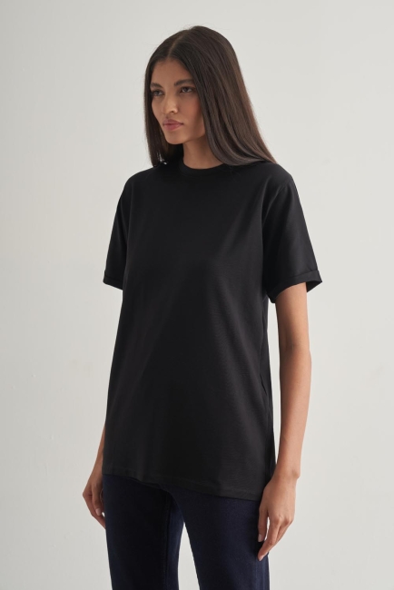 Mizalle Pamuklu Siyah Oversize Basic Tişört - Mizalle (1)