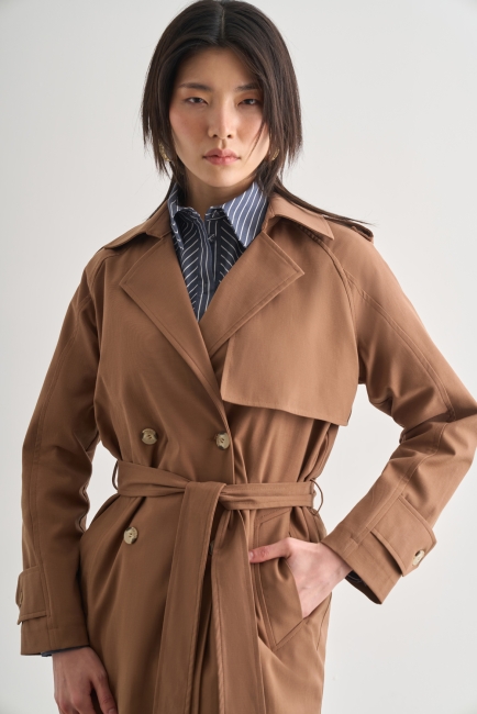 Mizalle Premium Pamuk Karışımlı Kahverengi Uzun Trençkot - Mizalle