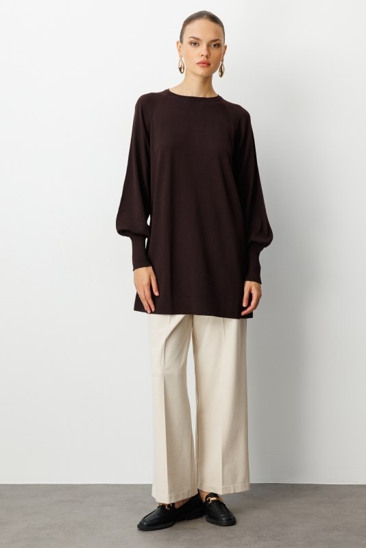 Mizalle Premium  Rayon Balon Kol Kahverengi Triko Kazak · 2