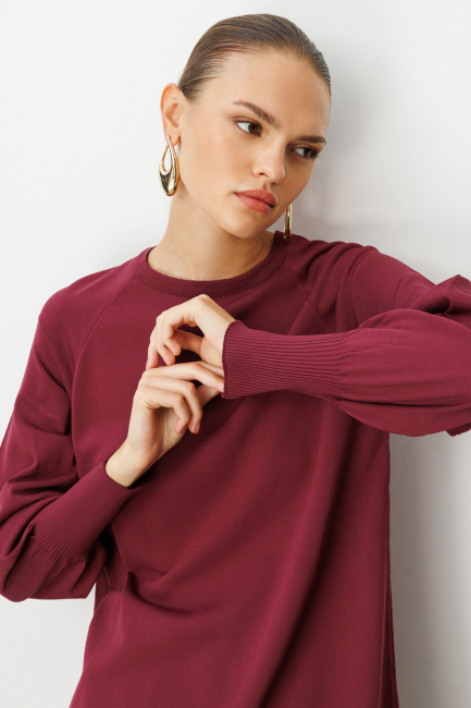 Mizalle Premium Rayon Balon Kol Mürdüm Triko Kazak - Mizalle (1)