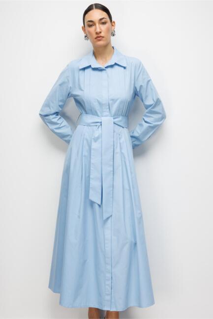 Mizalle Premium Saf Pamuk Açık Mavi Piliseli Uzun Elbise - Mizalle (1)