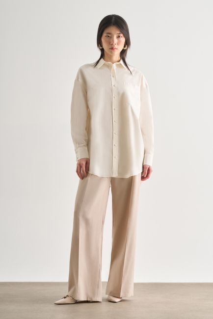 Mizalle Premium Saf Pamuk Ekru Oversize Gömlek - Mizalle (1)