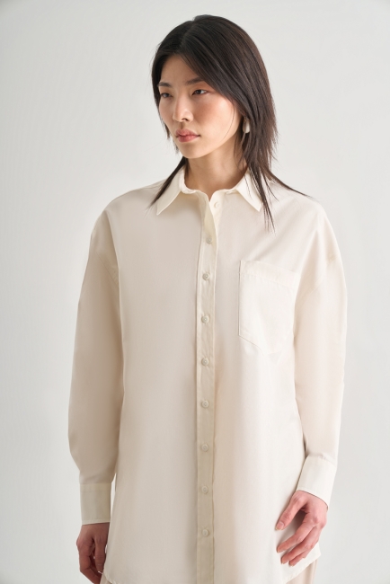 Mizalle Premium Saf Pamuk Ekru Oversize Gömlek - Mizalle