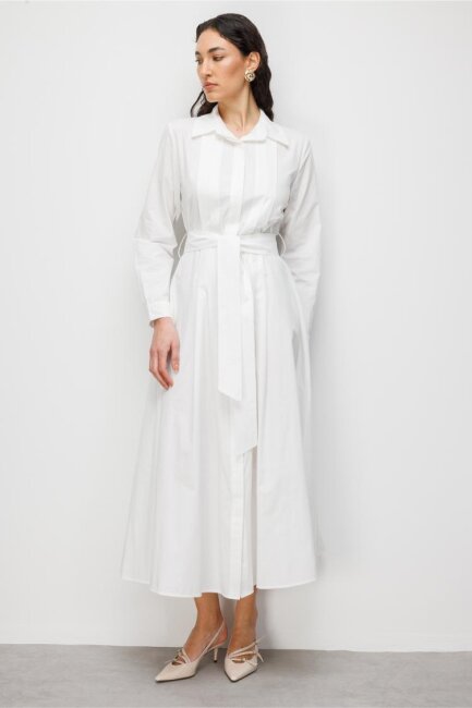 Mizalle Premium Saf Pamuk Ekru Piliseli Uzun Elbise - Mizalle (1)