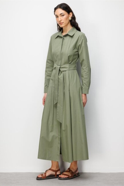 Mizalle Premium Saf Pamuk Haki Piliseli Uzun Elbise - Mizalle (1)