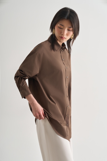 Mizalle Premium Saf Pamuk Kahverengi Oversize Gömlek - Mizalle (1)