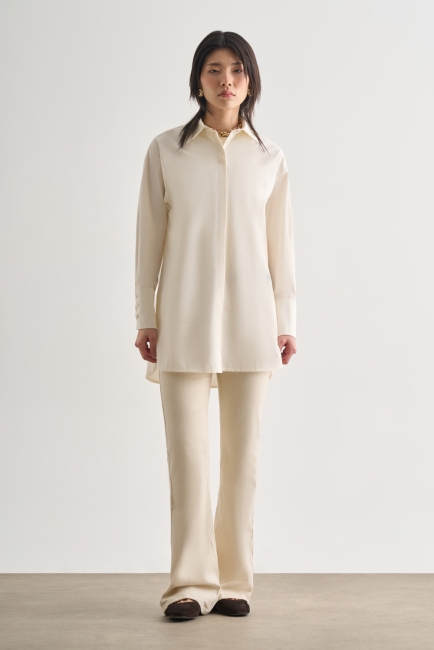 Mizalle Premium Saf Pamuk Kalın Manşetli Oversize Beyaz Gömlek - Mizalle