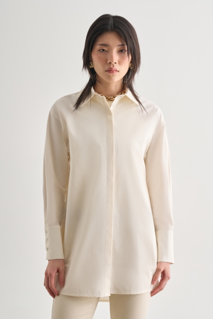 Mizalle Premium Saf Pamuk Kalın Manşetli Oversize Beyaz Gömlek - Mizalle (1)