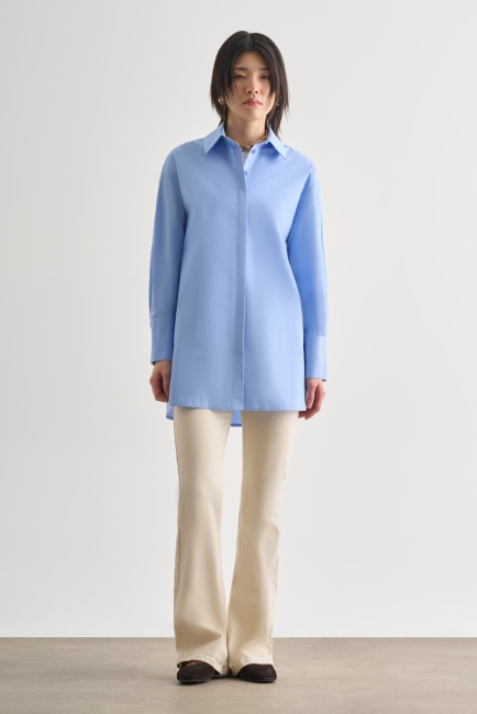 Mizalle Premium Saf Pamuk Kalın Manşetli Oversize Mavi Gömlek - Mizalle