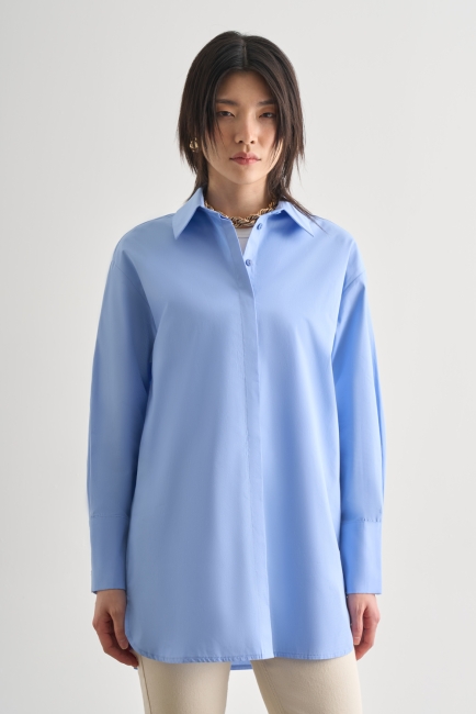 Mizalle Premium Saf Pamuk Kalın Manşetli Oversize Mavi Gömlek - Mizalle (1)