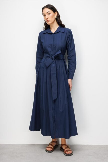Mizalle Premium Saf Pamuk Lacivert Piliseli Uzun Elbise - Mizalle (1)