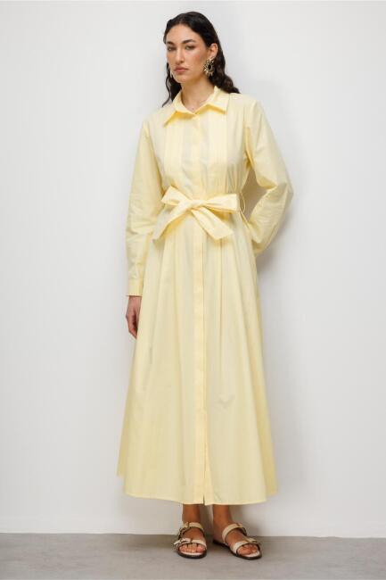 Mizalle Premium Saf Pamuk Sarı Piliseli Uzun Elbise - Mizalle (1)