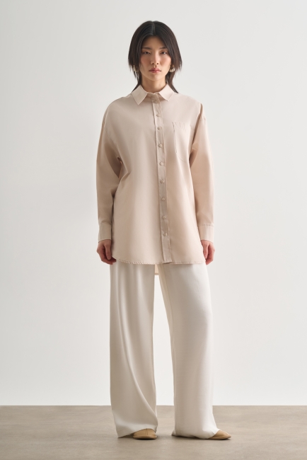 Mizalle Premium Saf Pamuk Taş Rengi Oversize Gömlek - Mizalle