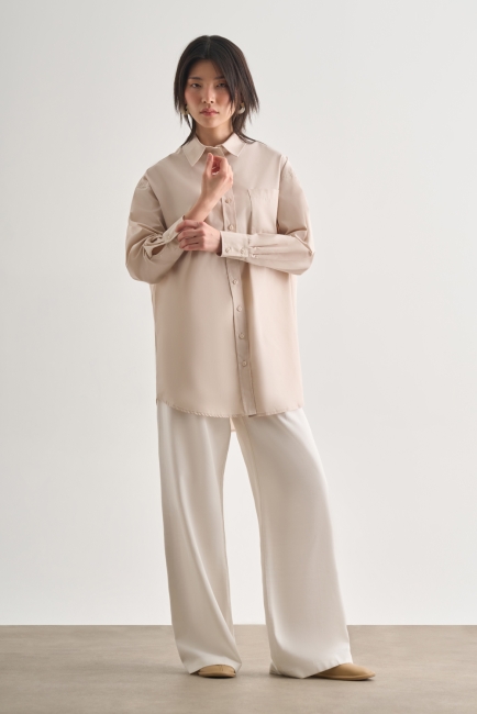 Mizalle Premium Saf Pamuk Taş Rengi Oversize Gömlek - Mizalle (1)