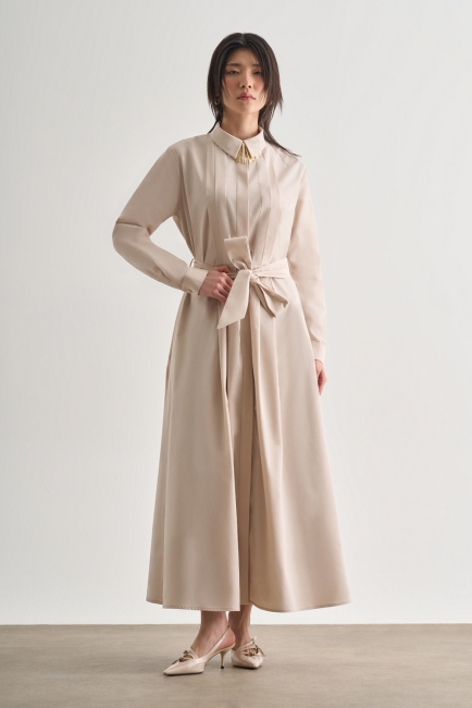 Mizalle Premium Saf Pamuk Taş Rengi Piliseli Uzun Elbise - Mizalle (1)