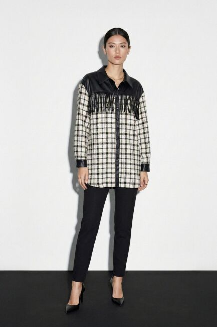 Mizalle Püskül Detalı Bej Rengi Ekoseli Gömlek Tunik - Mizalle