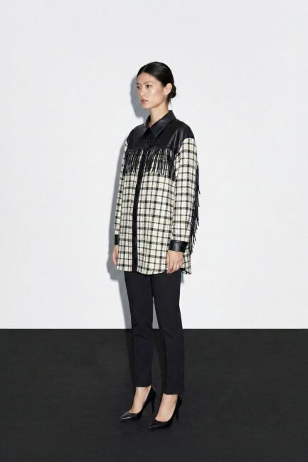 Mizalle Püskül Detalı Bej Rengi Ekoseli Gömlek Tunik - Mizalle (1)