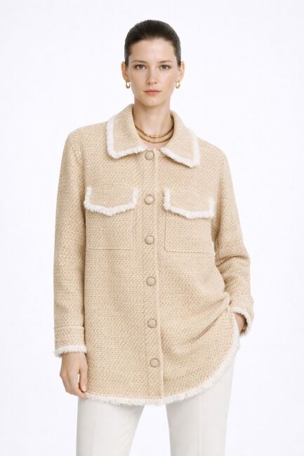 Mizalle Püsküllü Bej Beyaz Tüvit Dokuma Tunik - Mizalle