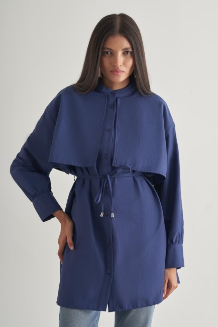 Mizalle Rüzgarlıklı Hakim Yaka Uzun İndigo Mavi Gömlek - Mizalle