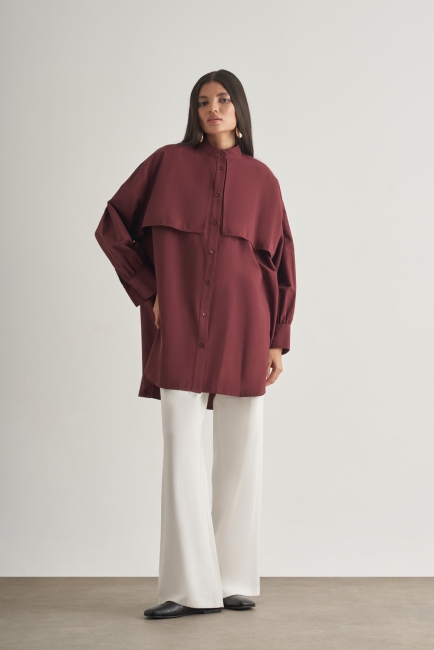 Mizalle Rüzgarlıklı Hakim Yaka Uzun Mürdüm Rengi Gömlek - Mizalle