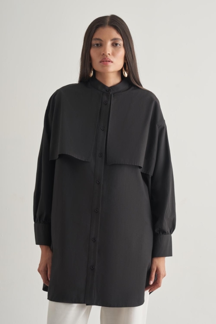 Mizalle Rüzgarlıklı Hakim Yaka Uzun Siyah Gömlek - Mizalle