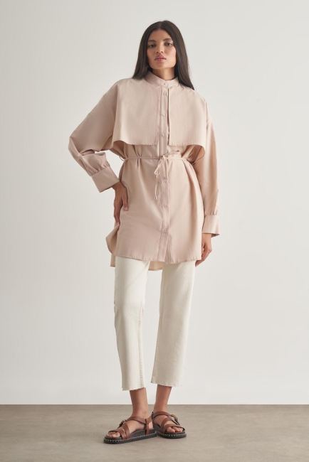 Mizalle Rüzgarlıklı Hakim Yaka Uzun Taş Rengi Gömlek - Mizalle