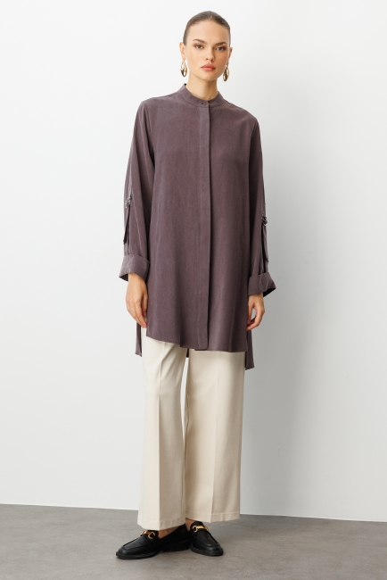 Mizalle Safari Kol Detaylı Kahverengi Cupro Tunik - Mizalle