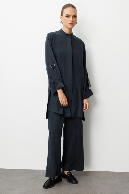 Mizalle Safari Kol Detaylı Siyah Cupro Tunik - Mizalle (1)