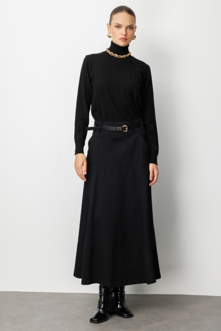 Mizalle Siyah A Kesim Kemerli Kalın Volanlı Maksi Etek - Mizalle (1)