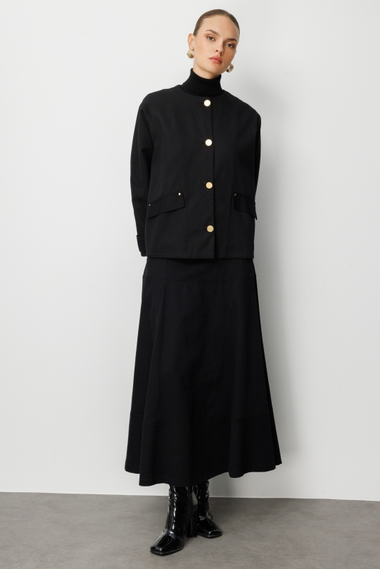 Mizalle Siyah A Kesim Kemerli Kalın Volanlı Maksi Etek · 4