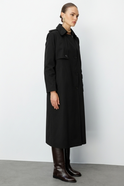 Mizalle Siyah Apoletli Klasik Maxi Mac Trençkot - Mizalle (1)