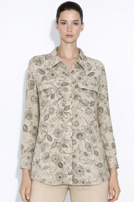 Mizalle Siyah Çiçek Desenli Keten Katışımlı Ekru Tunik - Mizalle