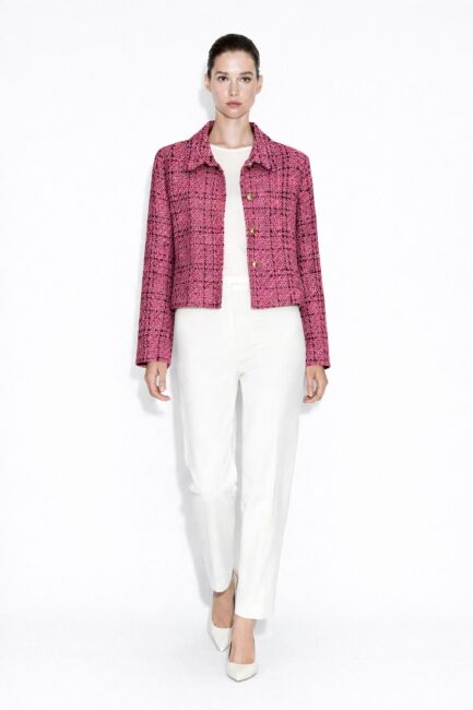 Mizalle Siyah Fuşya Tüvit Dokuma Gold Düğmeli Ceket - Mizalle