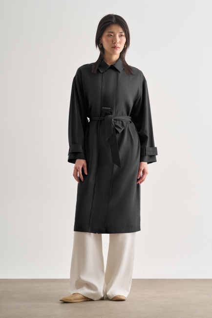 Mizalle Siyah Geniş Patlı Uzun Kuşaklı Gömlek Üst - Mizalle (1)