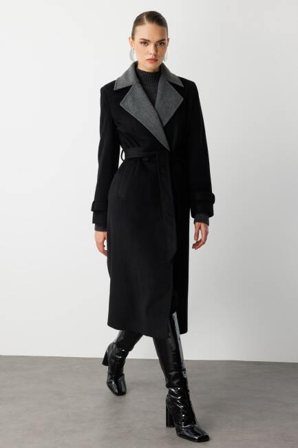 Mizalle Siyah Gri Detaylı Uzun Klasik Kaşe Kaban - Mizalle (1)