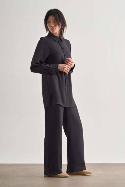 Mizalle Siyah Kemerli Rahat Kesim Modal Pantolon - Mizalle (1)