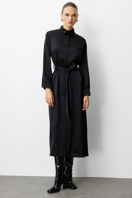 Mizalle Siyah Saten Maksi Gömlek Elbise - Mizalle