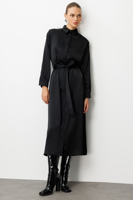 Mizalle Siyah Saten Maksi Gömlek Elbise - Mizalle (1)