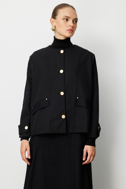 Mizalle Siyah Yuvarlak Yaka Gold Düğmeli Oversize Ceket - Mizalle (1)