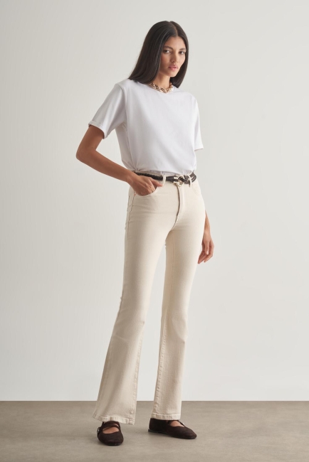 Mizalle Skinny Fit Flare Paça Ekru Denim Pantolon - Mizalle