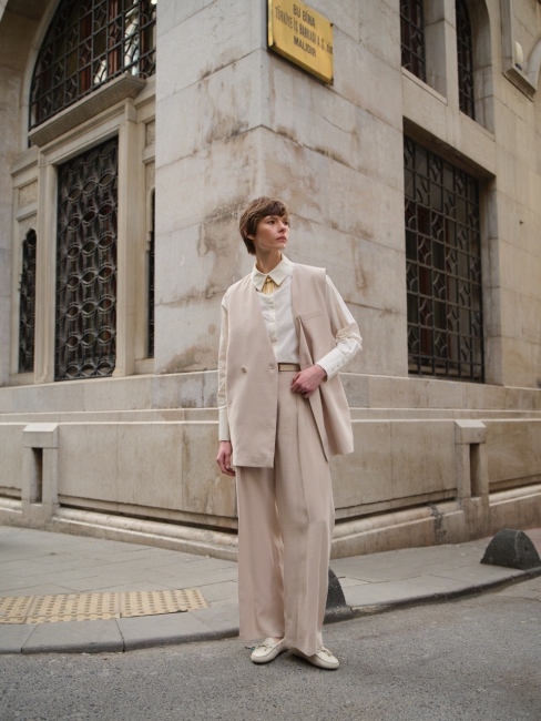 Mizalle Taş Rengi Çift Pileli Geniş Kesim Modal Pantolon - Mizalle (1)