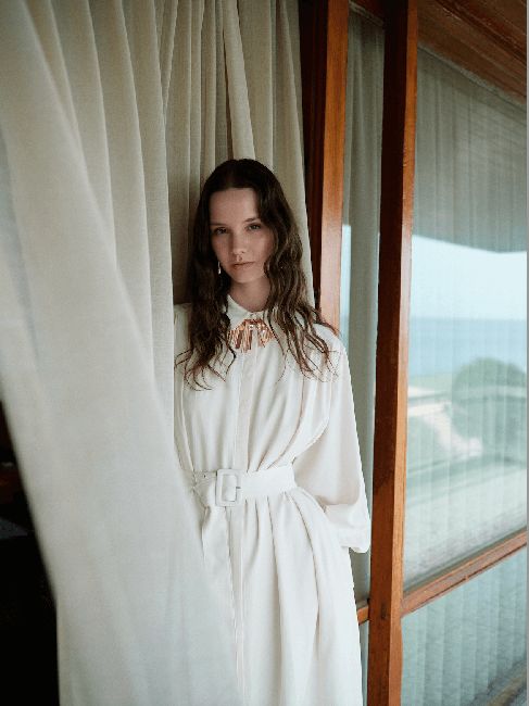 Mizalle Tencel Dokulu Pile Detaylı Kemerli Maksi Ekru Elbise - Mizalle (1)