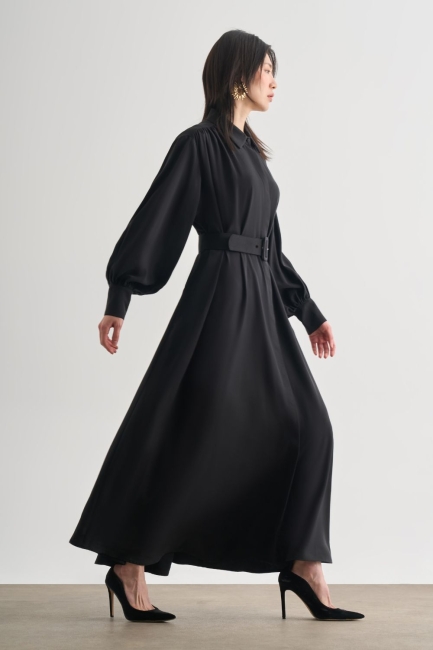 Mizalle Tencel Dokulu Pile Detaylı Kemerli Maksi Siyah Elbise - Mizalle (1)