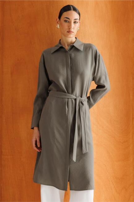 Mizalle Tencel Karışımlı Uzun Haki Tunik - Mizalle