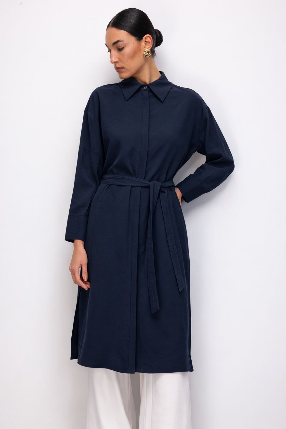 Mizalle Tencel Karışımlı Uzun Lacivert Tunik